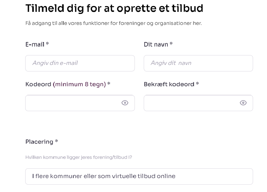 Skærmbillede fra Socialkompas der viser hvor man tilmelder sig med E-mail, brugernavn, kodeord og placering